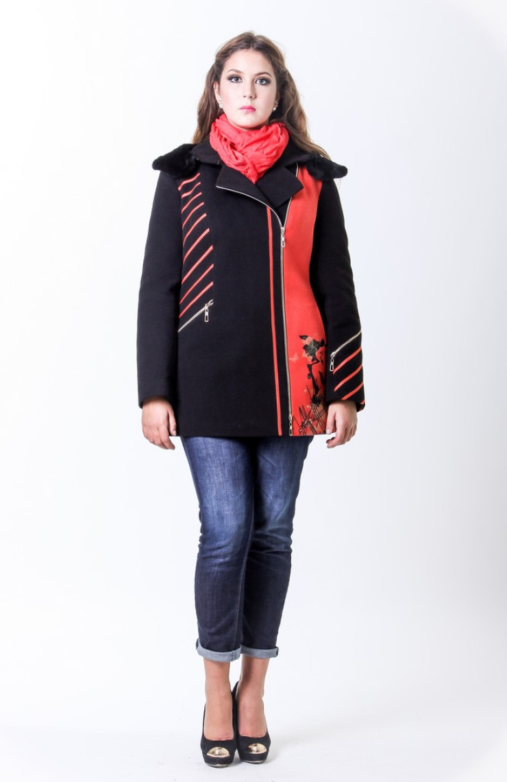 Пальто 1-096 Черно-кораловый