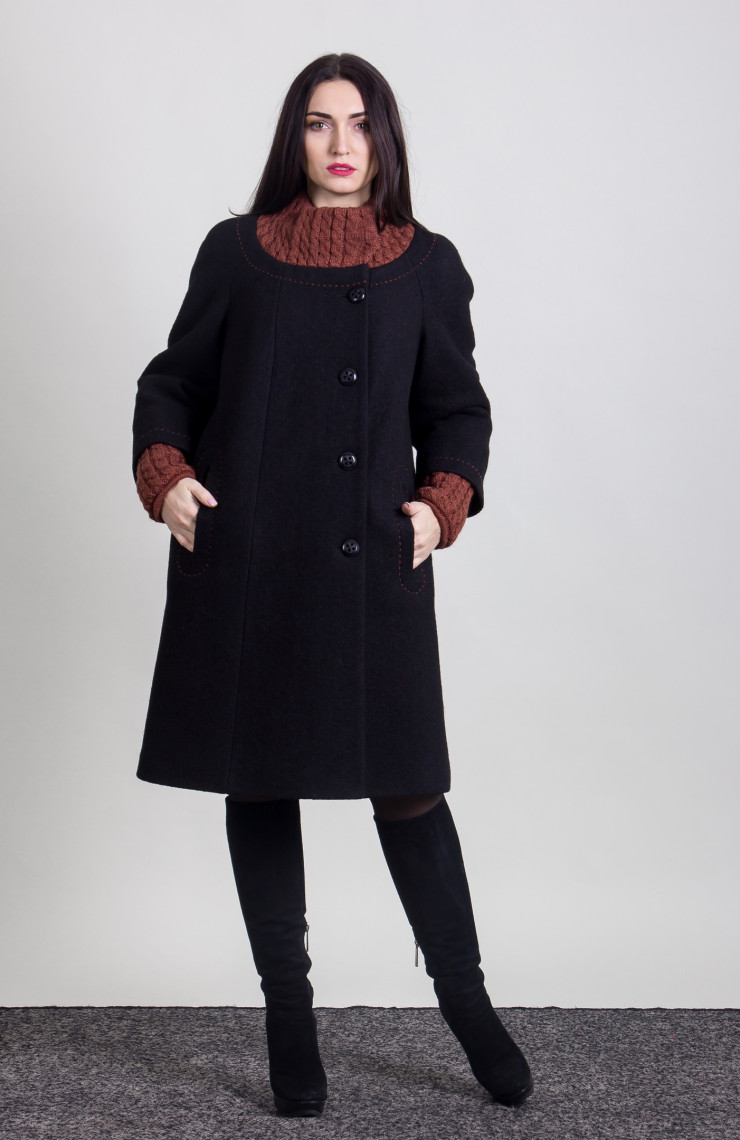 Пальто 2-389ДШ Черно-теракотовый