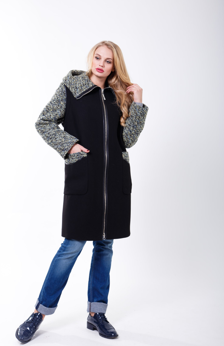 Пальто 2-503 Черный + олива